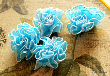 Organza Ribbon Blue and White Carnation Flower Appliques/ Crafts/ Wedding Decoration x 5